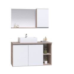 Gabinete Banheiro Virtus 80cm - Gabinete + Cuba + Espelheira LUXO Madeirado / Branco Menor preço em Gabinete Banheiro Virtus 80cm - Gabinete + Cuba + Espelheira LUXO Madeirado / Branco
