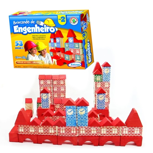 Brincando de Engenheiro c/ 53 peças Jogo de Blocos de Montar em Madeira -  Brinquedo Educativo no Shoptime