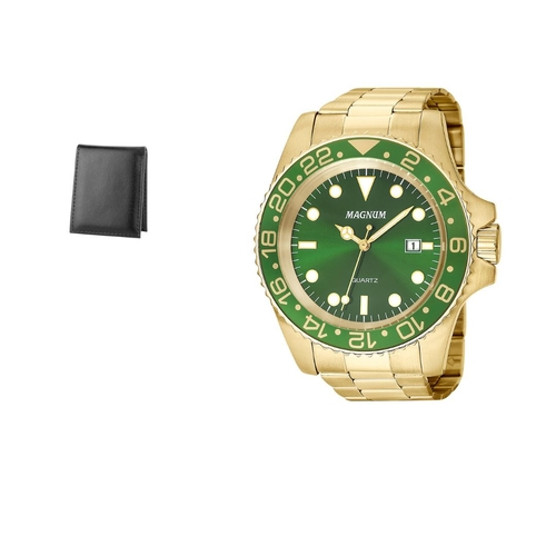 Relogio Magnum Masculino Dourado Visor Verde Calendario Ma32934g + Carteira  no Shoptime