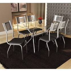 Conjunto Mesa 1,40m com 6 Cadeiras Tampo de Vidro Kappesberg Cromado/Preto Menor preço em Conjunto Mesa 1,40m com 6 Cadeiras Tampo de Vidro Kappesberg Cromado/Preto