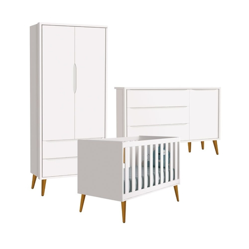 Quarto de Bebê Theo 2 Portas com Cômoda com Porta Branco Acetinado com Pés Amadeirado - Reller Menor preço em Quarto de Bebê Theo 2 Portas com Cômoda com Porta Branco Acetinado com Pés Amadeirado - Reller