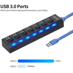 HUB USB, 7 portas USB 3.0 HUB USB Splitter 7 portas expansor com switch para PC 3.0 Menor preço em HUB USB, 7 portas USB 3.0 HUB USB Splitter 7 portas expansor com switch para PC 3.0