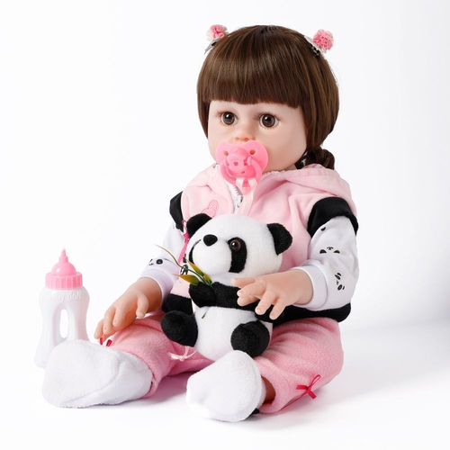 Boneca Reborn menina Bebe Reborn 100% silicone pode dar banho criança  Original presente (Panda 48CM)