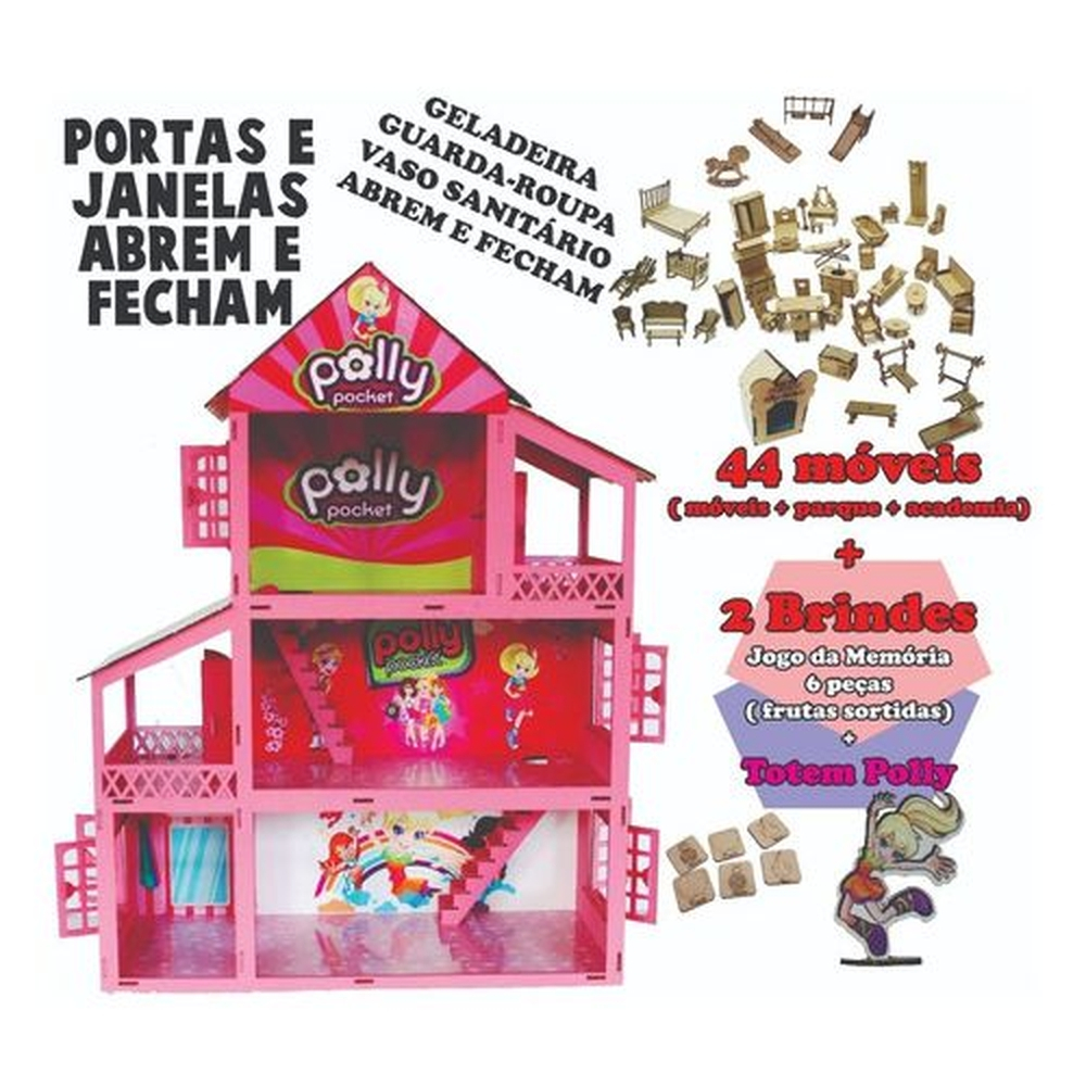 Casa Casinha Para Boneca Polly +38 Mini Móveis Mdf Madeira em