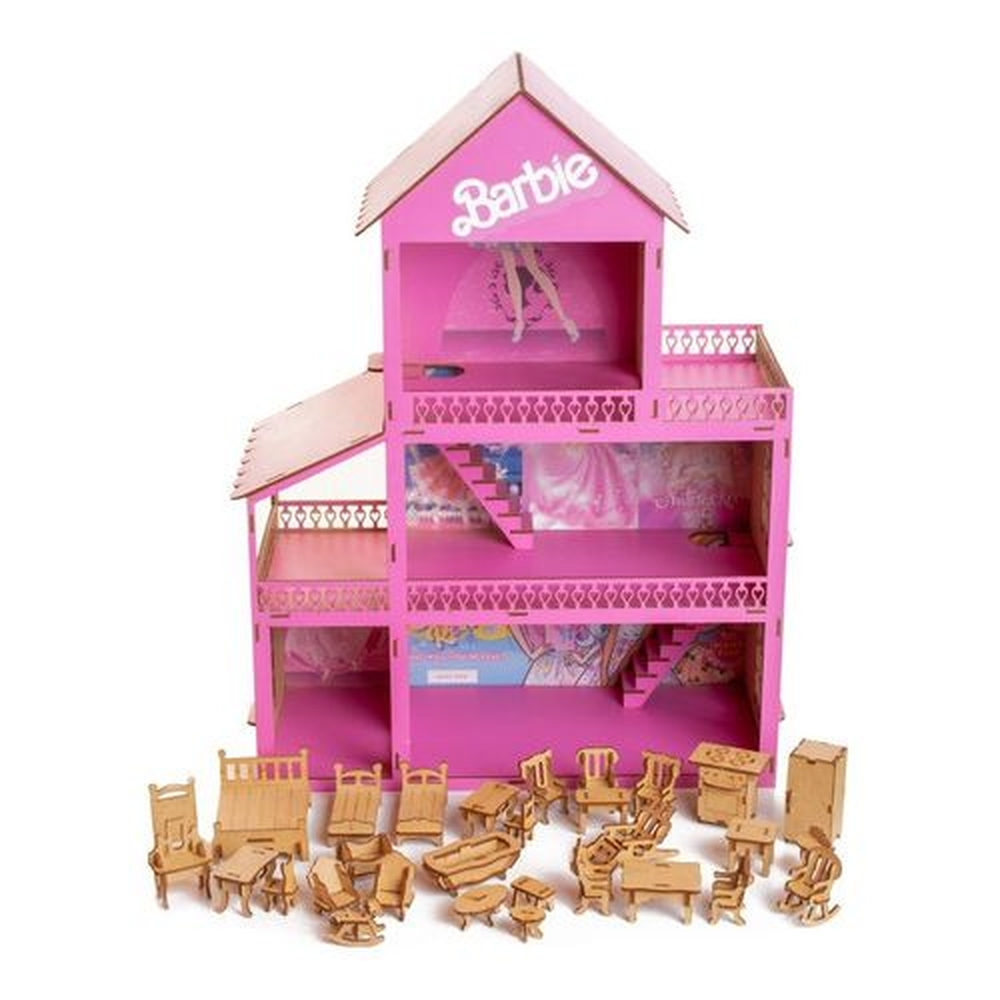 Casinha Boneca Barbie Madeira Mdf Infantil Casa Brinquedos Educativos  Móveis Realistas Brincar Adesivada Desenho 3 Andares Decoração Simples  Promoção