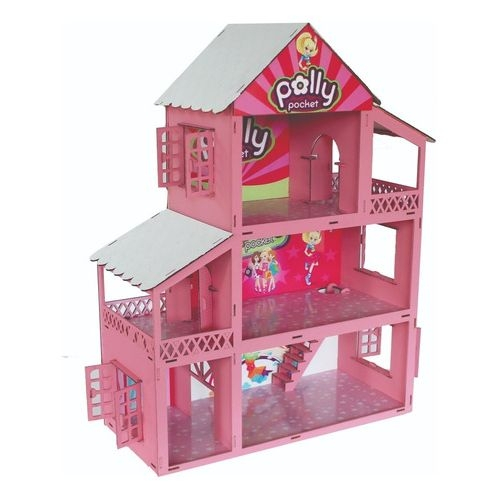 Casa Casinha Para Bonecas Barbie Polly Madeira Mdf Rosa e Branco