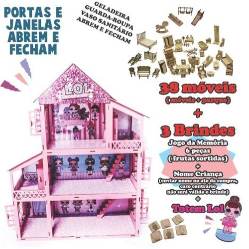 Casinha de Boneca Madeira MDF Brinquedo Criança Barbie Rosa + BRINDE