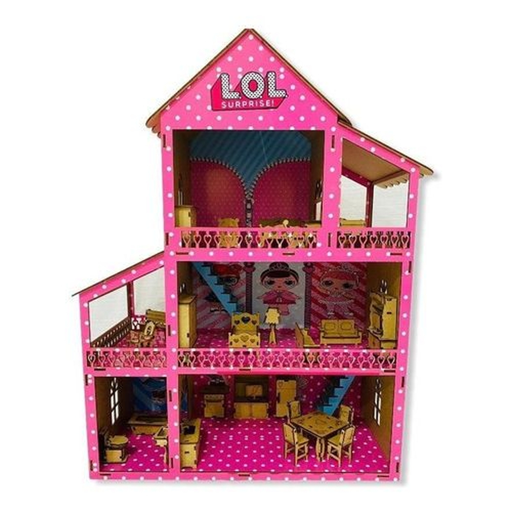 Casinha Boneca Barbie Adesivada Mdf E 36 Móveis + Parquinho