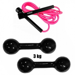 Par de Halter 3kg Emborrachado Preto + Corda de Pular Rosa Menor preço em Par de Halter 3kg Emborrachado Preto + Corda de Pular Rosa