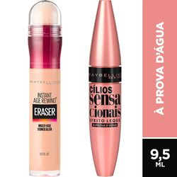 Kit Corretivo Líquido Maybelline Eraser Instant Age Rewind 110 Light, 5.9ml e Máscara de Cílios Maybelline Cílios Sensacionais  À Prova D'água é boa?