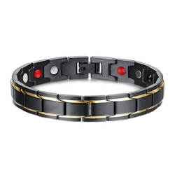 Pulseira Masculina Magnética Aço Preto Filetes Banhados Ouro Menor preço em Pulseira Masculina Magnética Aço Preto Filetes Banhados Ouro
