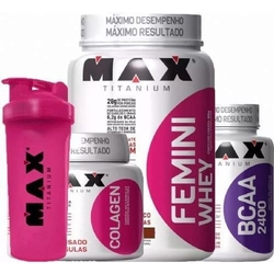 Kit Feminino Max Titanium : Femini Whey + Colagen 100 Caps + BCAA 2400 60 Caps + Coq. Menor preço em Kit Feminino Max Titanium : Femini Whey + Colagen 100 Caps + BCAA 2400 60 Caps + Coq.