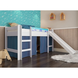 Cama Elevada Retro Garage Com Escada, Cortina E Escorregador Branco/Azul - Completa Móveis Menor preço em Cama Elevada Retro Garage Com Escada, Cortina E Escorregador Branco/Azul - Completa Móveis