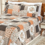 Colcha Cobre Leito Casal Padrão La Bella 3 Peças Estampada Patchwork Laranja