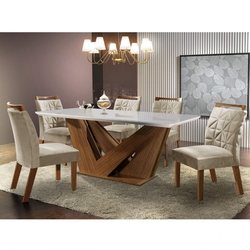 Conjunto Sala de Jantar Mesa Tampo MDF e 6 Cadeiras Apolo Chanfro Premium Siena Móveis Premio/Pena Bege Menor preço em Conjunto Sala de Jantar Mesa Tampo MDF e 6 Cadeiras Apolo Chanfro Premium Siena Móveis Premio/Pena Bege