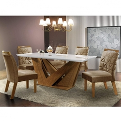 Conjunto Sala de Jantar Mesa Tampo MDF e 6 Cadeiras Apolo Chanfro Premium LJ Móveis Castanho Fosco/Pena Caramelo Menor preço em Conjunto Sala de Jantar Mesa Tampo MDF e 6 Cadeiras Apolo Chanfro Premium LJ Móveis Castanho Fosco/Pena Caramelo