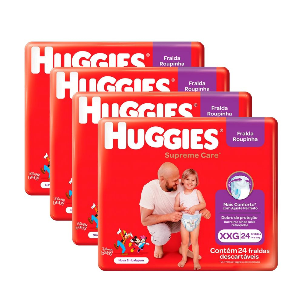 Kit Com 4 Fraldas Descartáveis Infantil Roupinha Huggies Supreme Care ...