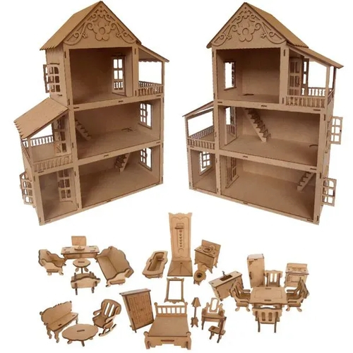 Casa Casinha De Boneca Tipo Polly Pocket Com Kit 27 Mini Moveis Em Madeira Mdf Cru Cn4