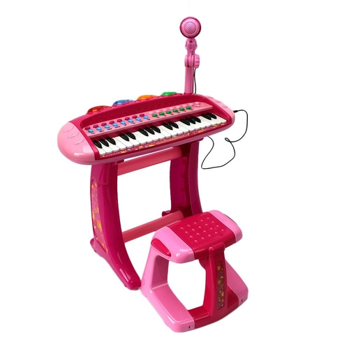 Piano teclado rosa infantil microfone banquinho mc4215 mega