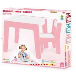 Menor preço em Kit Conjunto Mesa Infantil Em Madeira Com Cadeira Rosa Mesinha Didatica Meninas Junges