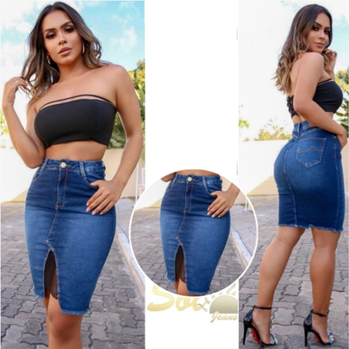 saia jeans com abertura na frente