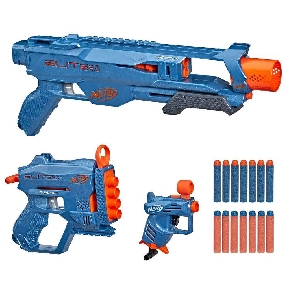 [40% de Cashback] Lança Dardos Nerf Elite 2.0 Kit Loadout Com 3 Lançadores - Technician Ds-2, Quadfire Qs-4 E Ace Sd-1 - F4179 - Hasbro