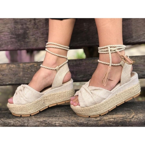 sandália amarrar flatform corda anabela tratorada