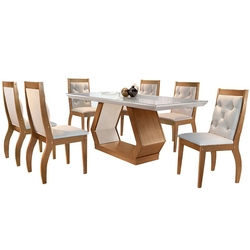 Conjunto de Mesa para Sala de Jantar Ibis Tampo de Vidro com 6 Cadeiras Agata-Rufato - Veludo creme / Off white / Imbuia Menor preço em Conjunto de Mesa para Sala de Jantar Ibis Tampo de Vidro com 6 Cadeiras Agata-Rufato - Veludo creme / Off white / Imbuia