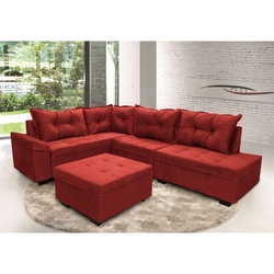 Sofá de Canto Tóquio 2,06 mts X 3,01 mts + Puff Tecido Suede Amassado Vermelho Menor preço em Sofá de Canto Tóquio 2,06 mts X 3,01 mts + Puff Tecido Suede Amassado Vermelho