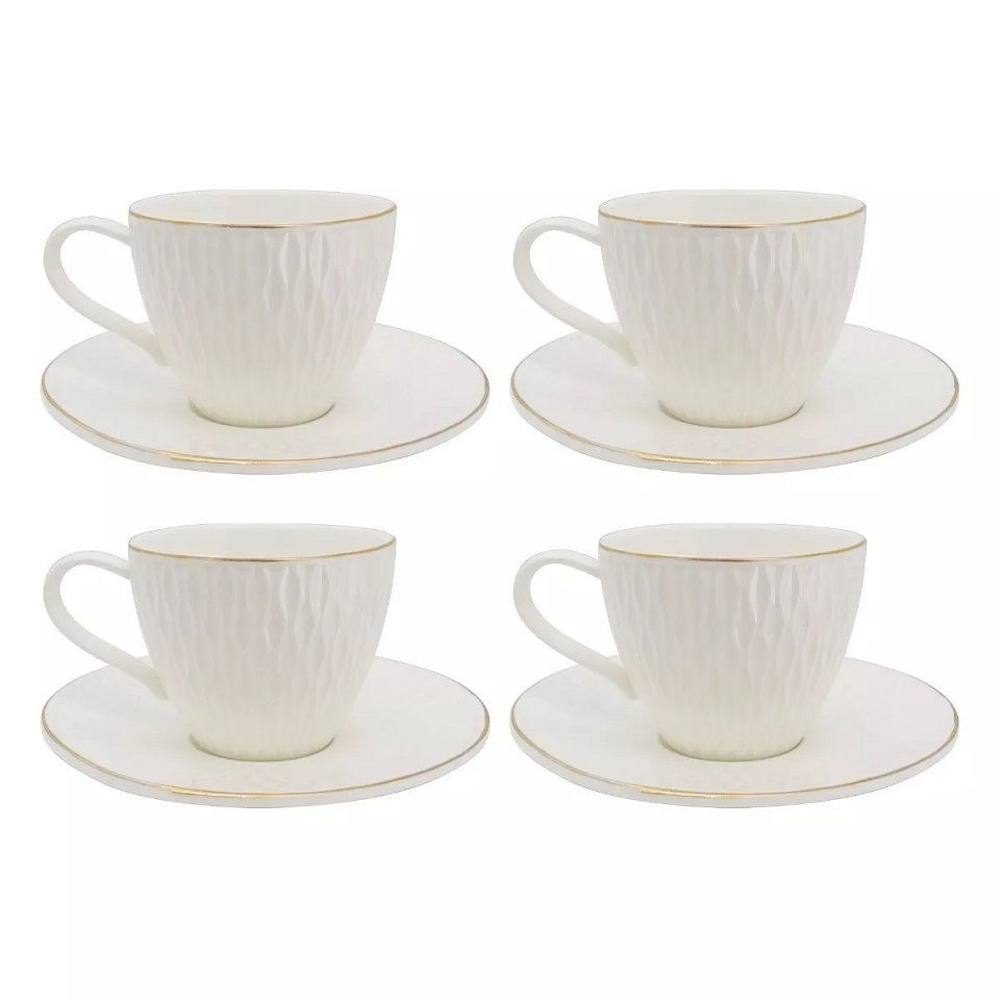 JOGO PARA CHÁ OU CAFÉ PORCELANA BRANCO 4 PEÇAS ALTO RELEVO