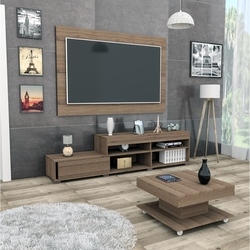 Conjunto Sala de Estar com Painel P/ Tv Até 60 Polegadas Rack e Mesa de Centro Nogueira Mali Haus Menor preço em Conjunto Sala de Estar com Painel P/ Tv Até 60 Polegadas Rack e Mesa de Centro Nogueira Mali Haus