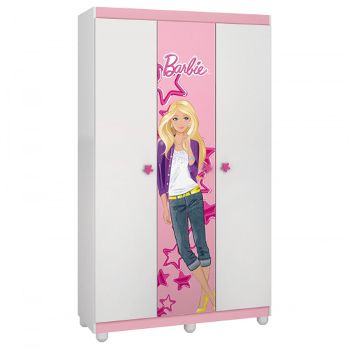 Guarda Roupa Infantil 3 Portas Barbie Happy Pura Magia Branco/Rosa