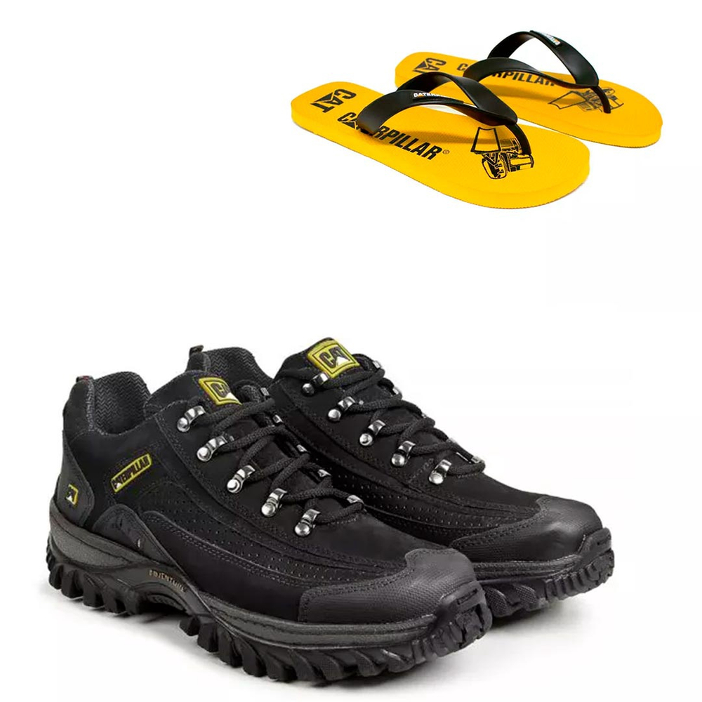 Bota caterpillar coturno couro preto + chinelo tiras em Promoção na  Americanas