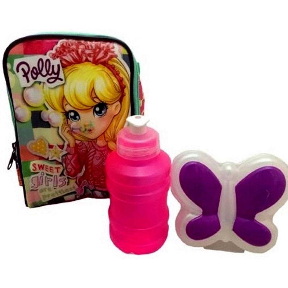 Kit mochila rodinhas Polly infantil com lancheira e estojo Sestini