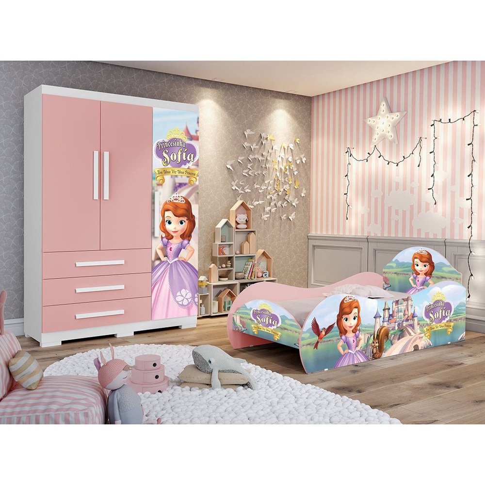 Kit Jogo de Quarto Infantil Cortina e Jogo Lençol Princesa Sofia