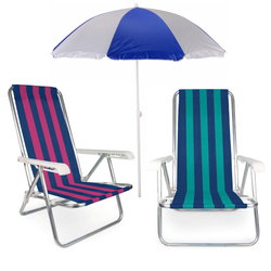 Kit Praia 2 Cadeira Reclinável 4 Posições Alumínio + Guarda Sol 1,80 m - Mor Menor preço em Kit Praia 2 Cadeira Reclinável 4 Posições Alumínio + Guarda Sol 1,80 m - Mor