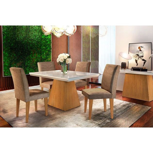 Conjunto de Mesa de Jantar com 6 Cadeiras Estofadas Maia I Veludo Off White  e Creme na Americanas Empresas