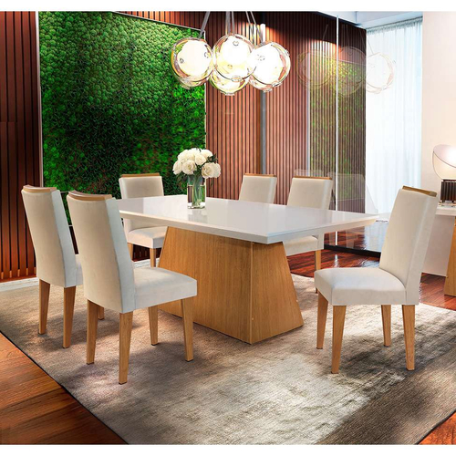 Conjunto de Mesa de Jantar com 6 Cadeiras Estofadas Maia I Veludo Off White  e Creme na Americanas Empresas