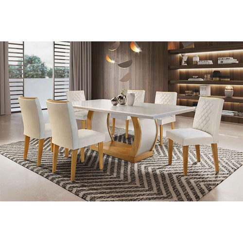 Conjunto de Mesa de Jantar com 6 Cadeiras Estofadas Maia I Veludo Off White  e Creme na Americanas Empresas