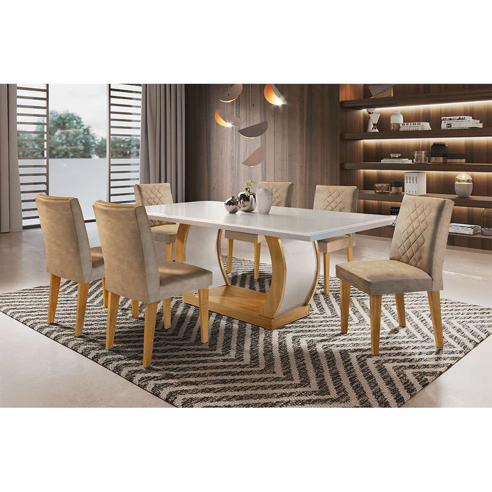 Conjunto Sala de Jantar Mesa Grace 130x90 cm e 6 Cadeiras Maia Nature/Off  White/Mascavo