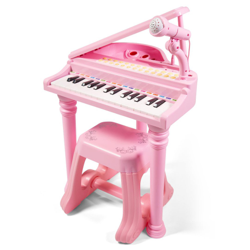 Piano Teclado Infantil Com Microfone Suporte Banquinho Show Cor Rosa