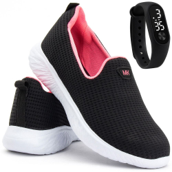 Menor preço em Kit Tênis e Relógio LED Sapatilha Casual Feminino Mikelly Caminhada Preto e Rosa