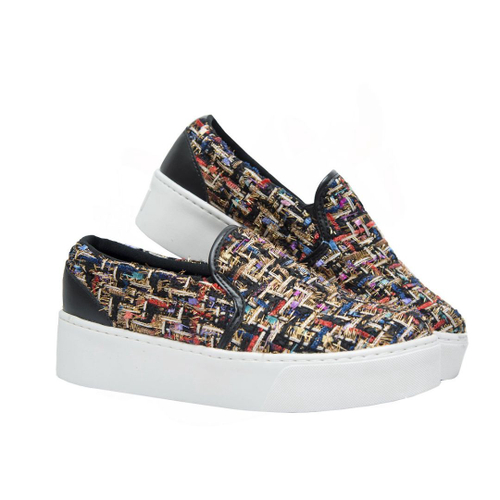 T nis Slip On Preto Com Detalhes Colorido Solado Branco Alto em