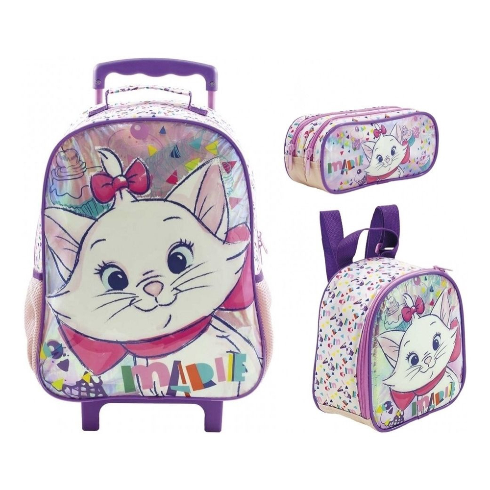 Mochila Escolar Infantil Gata Marie Costas Lancheira+Estojo