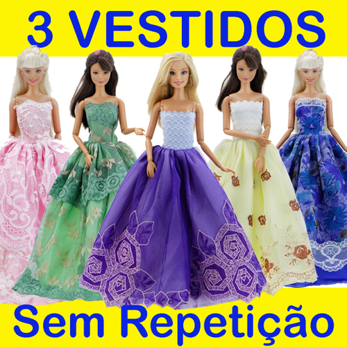 Kit Com 3 Vestidos De Princesa Para Boneca Barbie