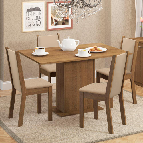 Conjunto de Mesa Com 4 Cadeiras Para Cozinha Tampo Retangular 1,06m Praiana  Araúna Off White e Bege