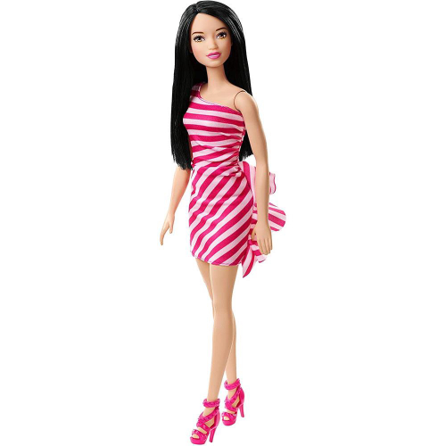 Boneca Barbie Morena - Vestido Listrado Branco e Rosa - Mattel