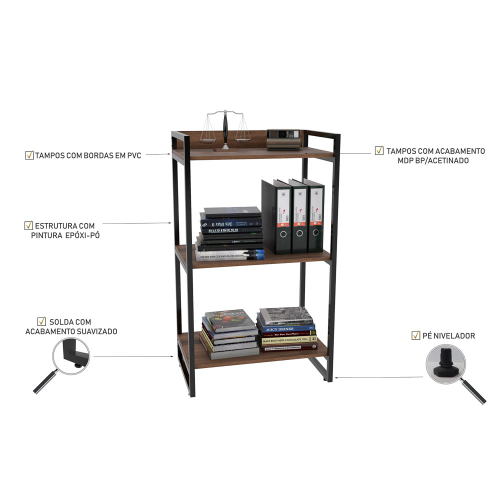 Estante Livreiro Prisma Estilo Industrial 60cm 3 Prateleiras C08 Nogal - Mpozenato - Imagem 3