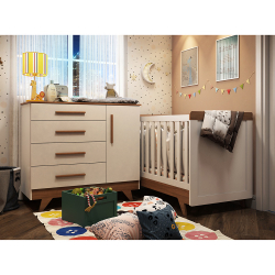 Quarto Infantil pequeno Retrô com Cômoda 4 gavetas e Berço Minicama Móveis Peroba Branco /Carvalho Menor preço em Quarto Infantil pequeno Retrô com Cômoda 4 gavetas e Berço Minicama Móveis Peroba Branco /Carvalho
