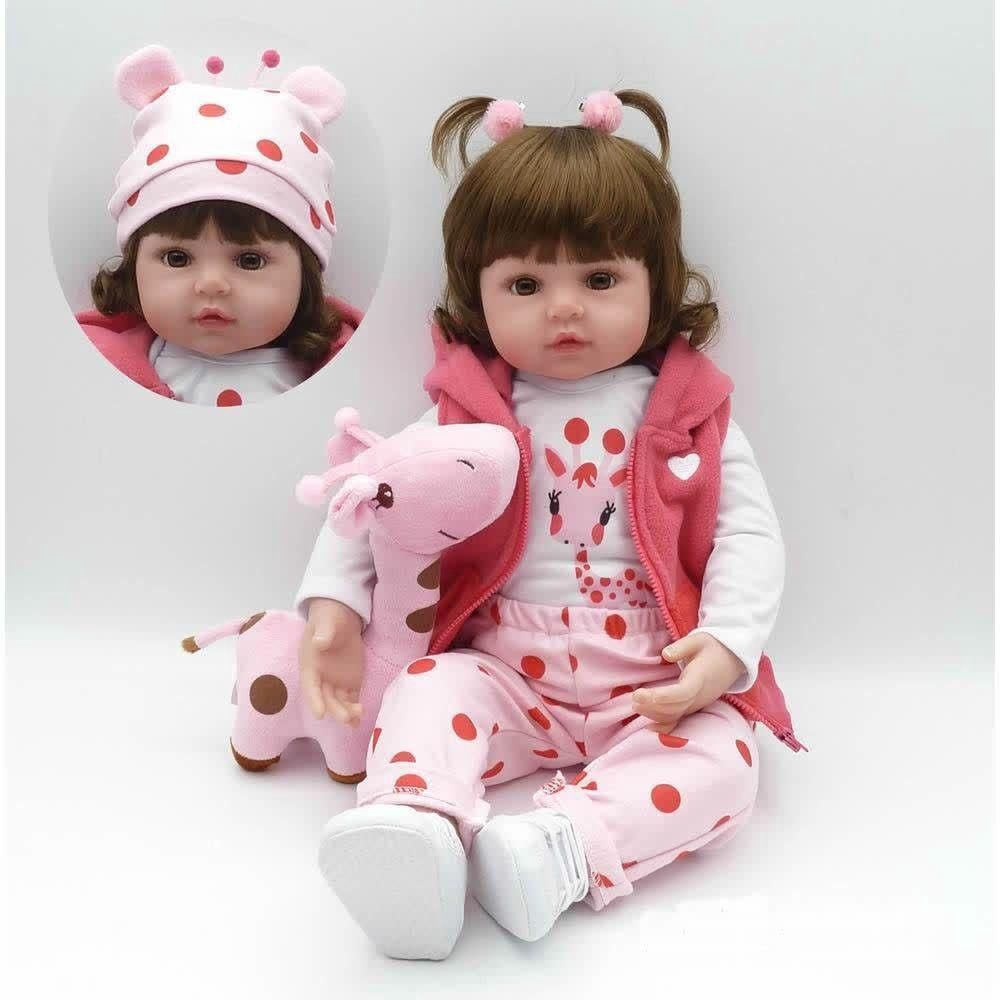 Boneca Bebê Reborn Silicone Menina com Girafa Original 48cm